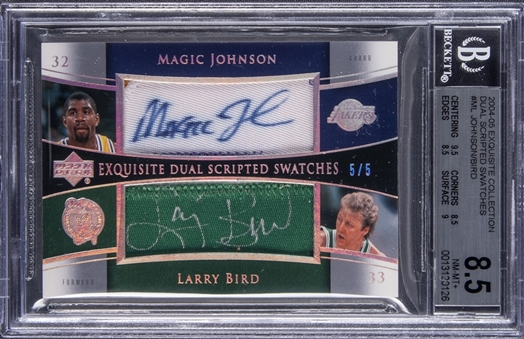 2004-05 UD "Exquisite Collection" Dual Scripted Swatches #ML Magic Johnson/Larry Bird Dual Signed Patch Card (#5/5) - BGS NM-MT+ 8.5/BGS 9